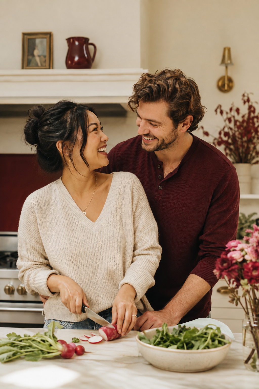 Couple cooking together at home