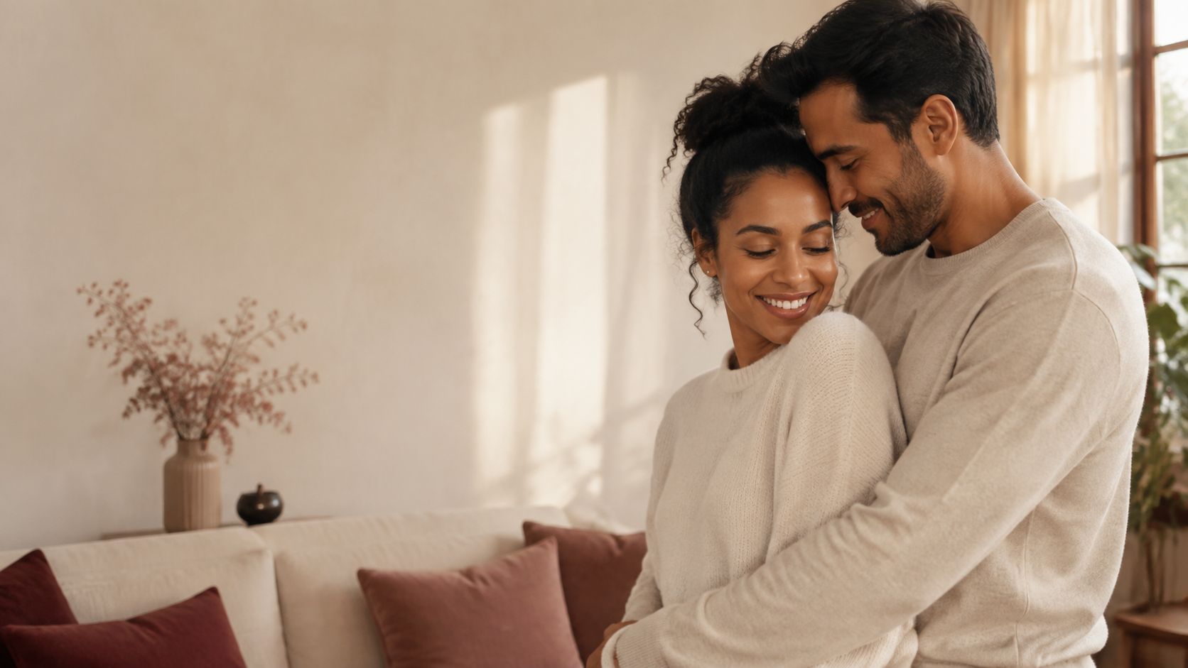 Couple embracing in warm evening light